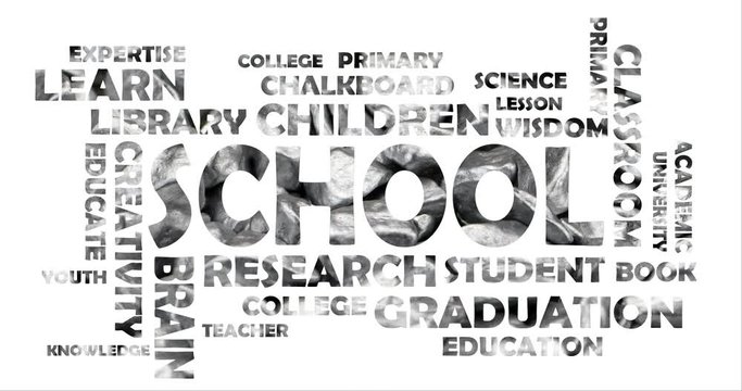 Video word cloud about school in color silver gray