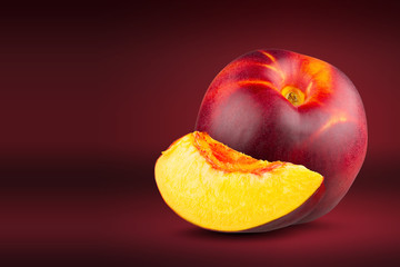 peaches on a red(scarlet) background. Full depth of field.