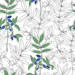 Seamless pattern with honeysuckle berries on white background. Line art and silhouettes.