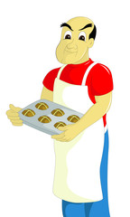 Baker man standing with his tray of buns vector