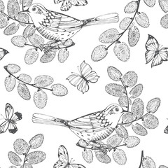 Seamless pattern with birds, butterflies and willow branches on a white background. Hand-drawn Vector Illustration. Spring nature background.