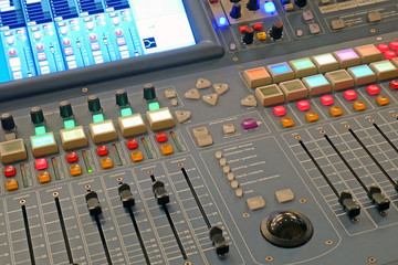 Remote sound equipment closeup, Mixing console for music and sound producer. Sound controller....