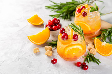 Cold season drink - cranberry and rosemary cocktail, copy space