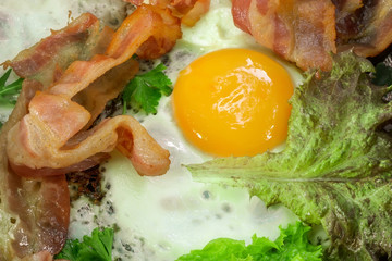 Sunny Side Up Eggs with crispy fried bacon, arugula and tomatoes