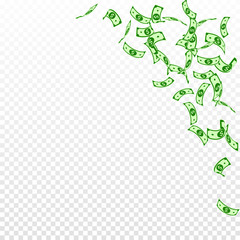 Fototapeta premium American dollar notes falling. Sparse USD bills on