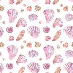 Watercolor seamless pattern with pink shells and mollusk on white background