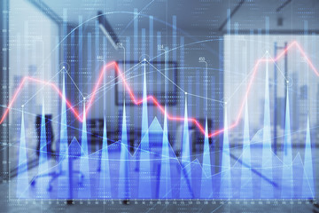 Business theme graph hologram with minimalistic cabinet interior background. Double exposure. Stock market concept.