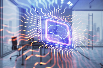 Brain sign hologram with minimalistic cabinet background. Double exposure. Ai concept.