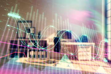 Forex chart hologram with minimalistic cabinet interior background. Double exposure. Stock market concept.