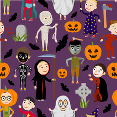 Seamless pattern. Funny boys in scary costumes for celebrating Halloween. Cute mummy, death, zombies, vampire, superhero, witch, ghost, devil, skeleton and pumpkin. Trick or treat. Vector illustration