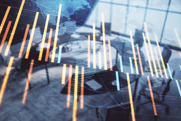 Double exposure of stock market graph with globe hologram on conference room background. Concept of international finance
