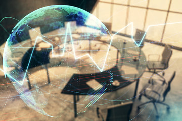 Double exposure of stock market graph with globe hologram on conference room background. Concept of international finance