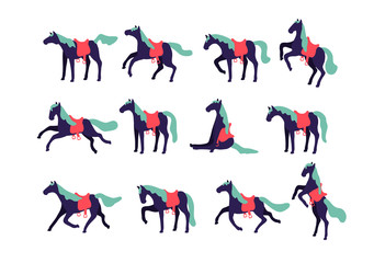 Set of vector horses isolated on white background. A collection of purebred thoroughbred horses in a flat modern style.