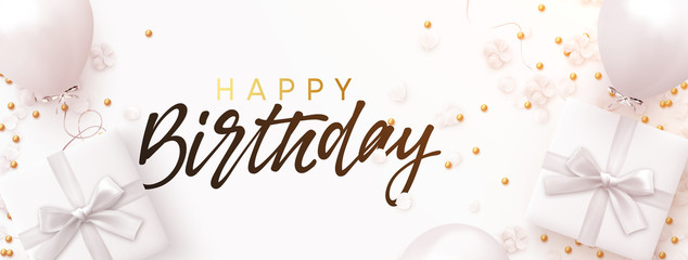 Happy birthday banner. Festive design realistic white air balloons, gift boxes, buds of bright flowers and petals. Celebrate poster, greeting card, headers website. Design horizontal and flat top view