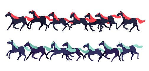 Set of vector horses isolated on white background. A collection of purebred thoroughbred horses in a flat modern style.