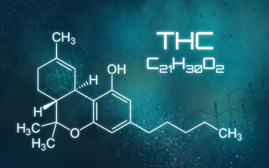 Chemical formula of THC on a futuristic background