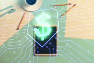 Double exposure of business theme drawings on digital tablet on the table background. Concept of online business