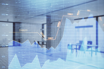 Stock and bond market graph with trading desk bank office interior on background. Multi exposure. Concept of financial analysis