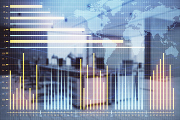 Stock and bond market graph and world map with trading desk bank office interior on background. Multi exposure. Concept of international finance