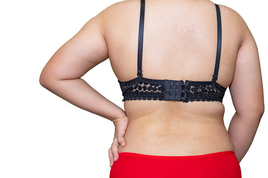 Rear view of Fat woman wearing black bra and red panties