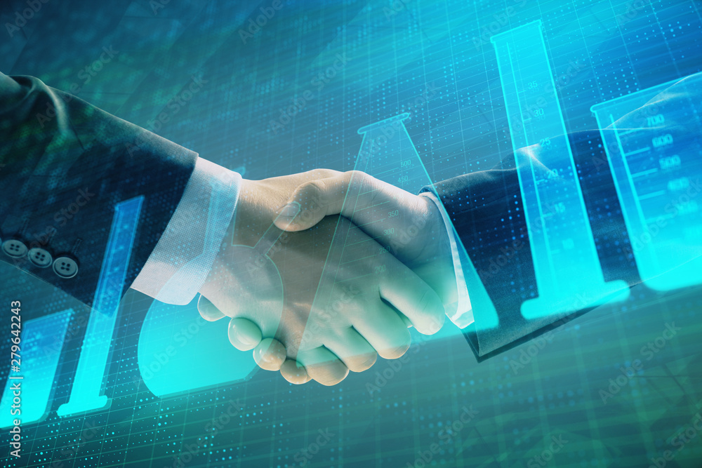 Poster multi exposure of lab flasks hologram on abstract background with two men handshake. concept of educ