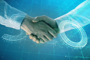 Multi exposure of seo icon drawing on abstract background with two men handshake. Concept of information search