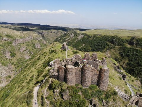 Aerial view Medieval castle ruins, AMBERD, ARMENIA, (VII Century AD)