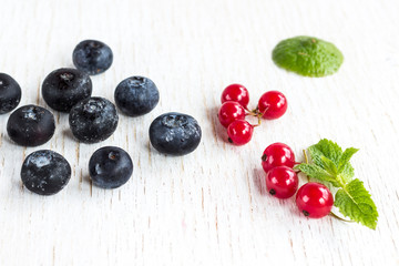Blueberries and red currants, a sprig of mint on a white background