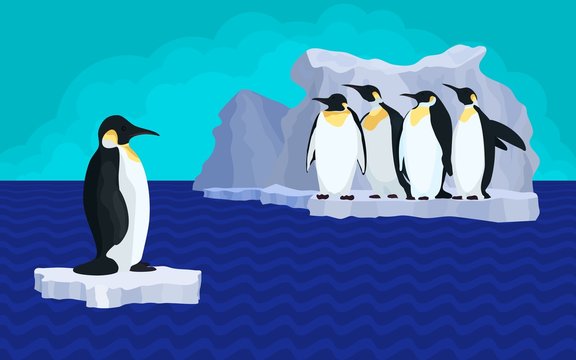 bright illustration of penguins on glacier global warming