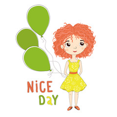 Cute girl with red hair, with green balloons in their hands.