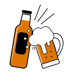 Beer festival. A bottle and a glass of beer, , knocking on each other, toast, doodles vector illustration of a holiday, fun, with alcohol, a splash of beer foam.