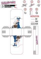 a children's basket with a painted witch and a cat. template for