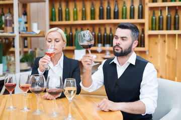 Young serious male cavist and his colleague checking smell and flavor of wine