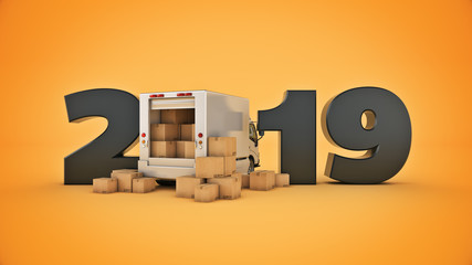 delivery truck concept 2019 New Year sign. 3d rendering