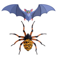 bat and big spider on a white background on halloween. Stock