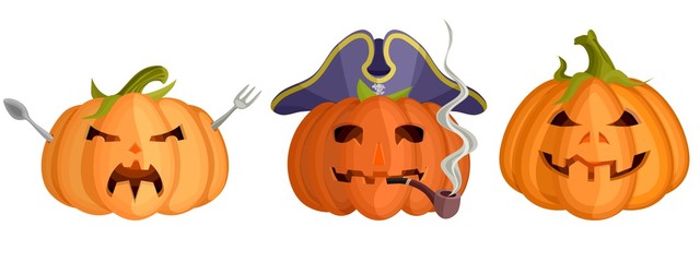 three bright halloween pumpkin masks flat