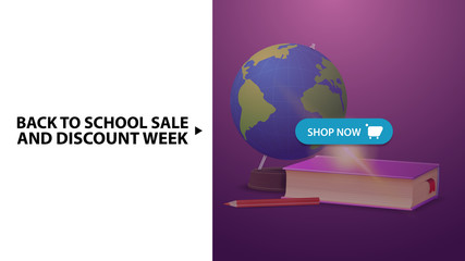 Back to school and discount week, purple horizontal discount web banner with globe and school textbooks
