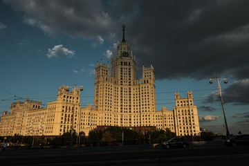 Fototapeta na wymiar Tall residential building on Kotelnicheskaya embankment of the Moscow river.