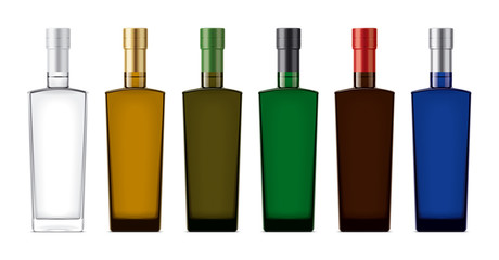 Colored glass bottles mockup. With foil version