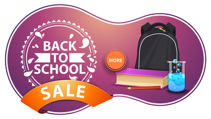 Back to school sale, modern pink discount banner with school backpack, a book and a chemical flask