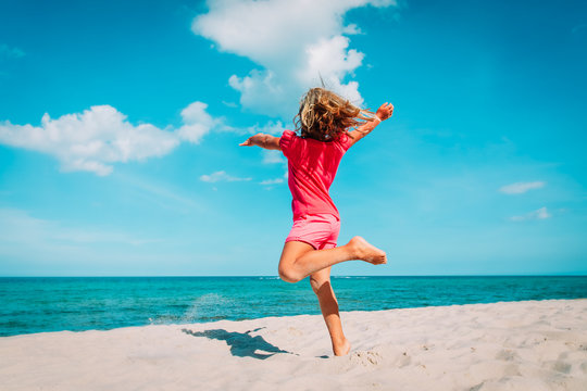 Cute Little Girl Dance Play At Summer Beach