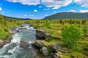 Naklejka na ściany i meble white water in a river high up in the mountains of Norway