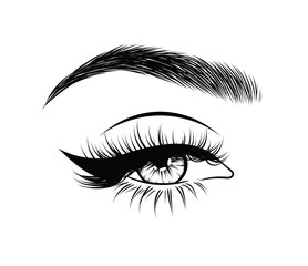 Obraz premium Abstract fashion illustration of the eye with creative makeup. Hand drawn vector idea for business visit cards, templates, web, salon banners,brochures. Natural eyebrows and glam eyelashes