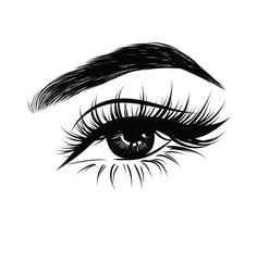 Abstract fashion illustration of the eye with creative makeup. Hand drawn vector idea for business visit cards, templates, web, salon banners,brochures. Natural eyebrows and glam eyelashes