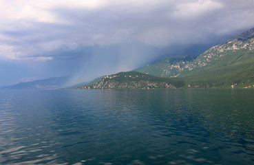Formation of a storm front in the mountains on Lake Ohrid, Republic of North Macedonia