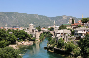Fototapeta na wymiar Beautiful view of the city Mostar with Stari Most bridge, Neretva river, Bosnia and Herzegovina
