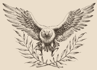 Flying eagle, laurel wreath emblem. Strenght and freedom symbol