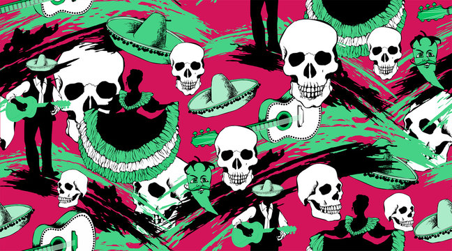 Seamless pattern dedicated to the Mexican Day of the Dead. Suitable for fabric, wrapping paper and the like