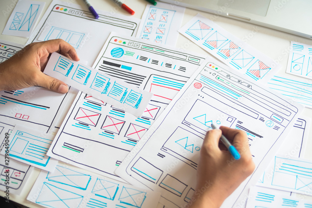 Poster Website designer Creative planning application developer development draft sketch drawing template layout prototype framework wireframe design studio . User experience concept .