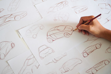 Graphic designer artist Work drawing sketch design development Prototype car Automotive industrial...